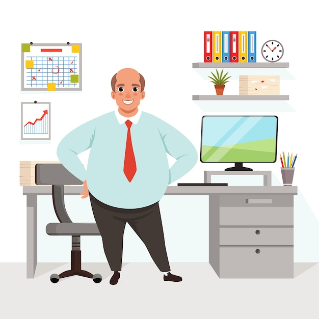 Vector fat bald man in office