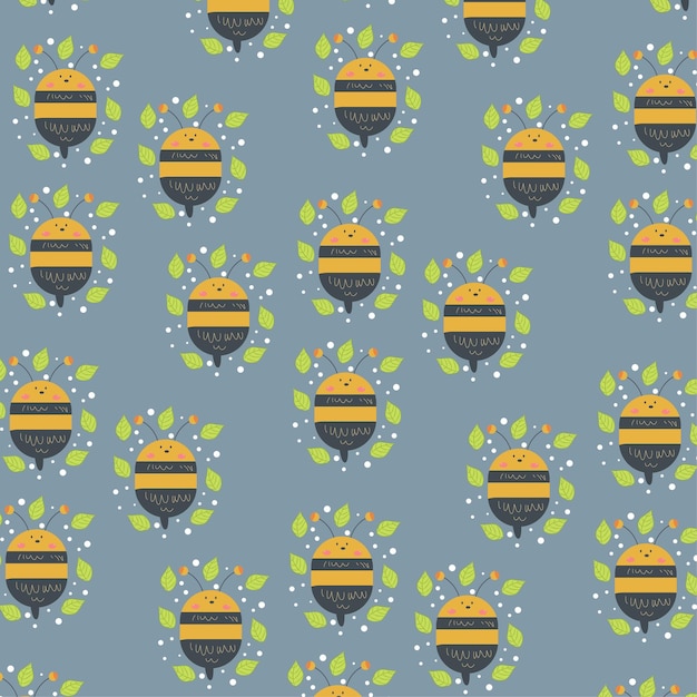 Vector fat bee pattern with leaf circumference and snow background. for fashion, fabric, wallpaper