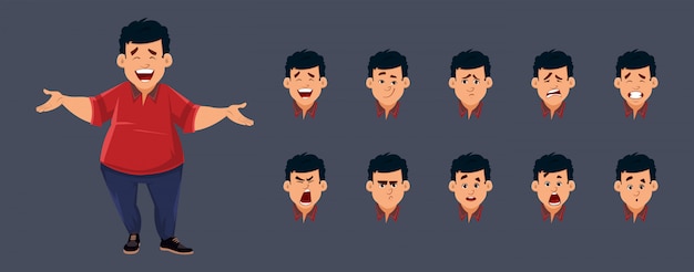 Fat boy character with various facial emotions. character for custom animation.