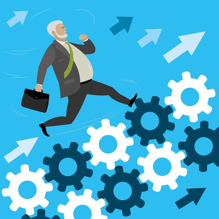 Vector fat businessman run on the gears to success cartoon vector illustration