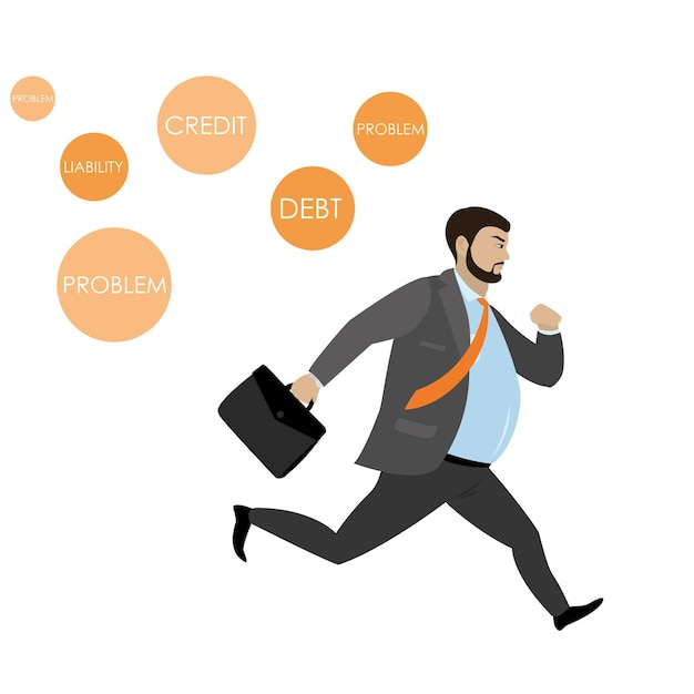 Fat Businessman running away from problems icons isolated o white background vector illustration