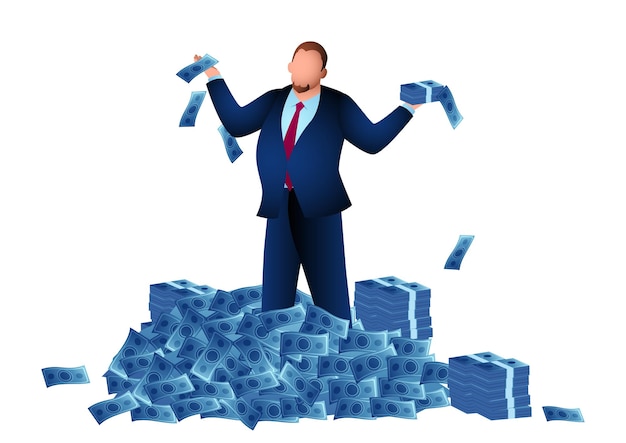 Fat businessman standing on a big pile of money