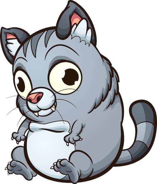 Fat cartoon gray cat sitting down and looking silly.