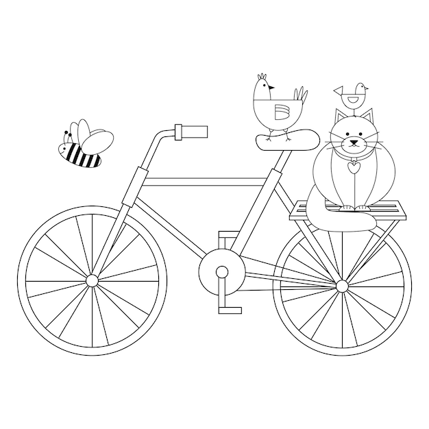 Gatto grasso con un uccellino in testa con un pollo e un'ape su un doodle linea nera bicicletta