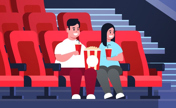 Vector 팝콘과 콜라 중량이 초과 된 남자 여자 날짜와 새로운 코미디에 웃고 함께 영화관에 앉아 영화를보고 뚱뚱한 부부