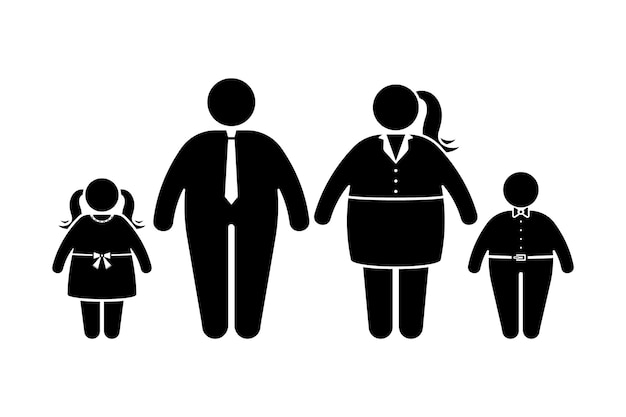 Fat family stick figure vector icon set Obese people children couple pictogram on white background