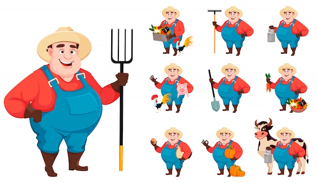 Vector fat farmer, agronomist, set of ten poses