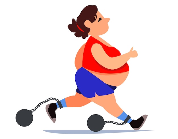 Vector fat fat woman in a tracksuit and shorts is running doing sports for health