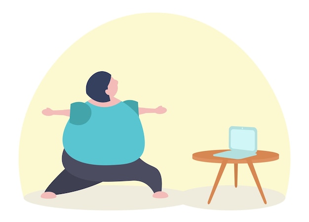 Vector fat funny caucasian woman practicing yoga watching online lesson on laptop