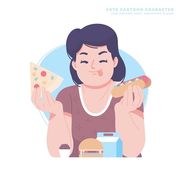 fat girl eating cute cartoon character