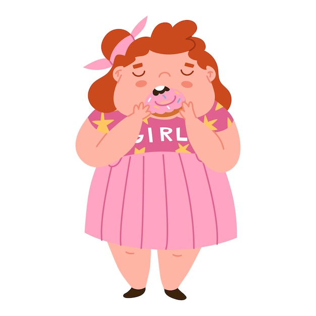 Fat girl is eating a donut Children's healthcare Fight against childhood obesity Diseases of the gastrointestinal tract Wrong nutrition Flat style in vector illustration