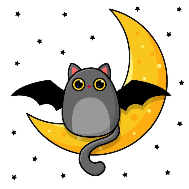 Fat gray cat with bat wings halloween drawing vector illustration