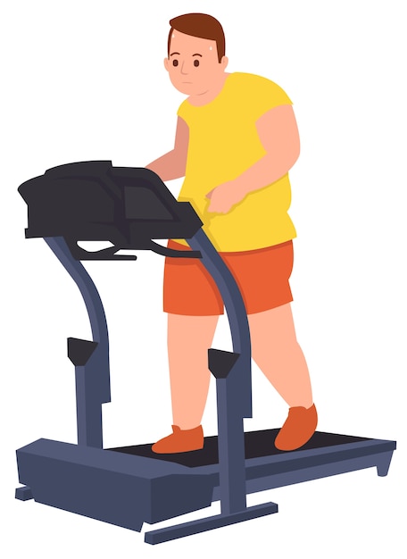 Vector fat guy doing workout running to loss his weight in a gym