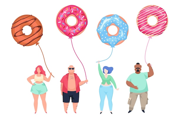 Vector fat guys with doughnut balls overweight men and women standing in row unhealthy food habits body positive people young obese characters with balloons vector cartoon flat style isolated concept