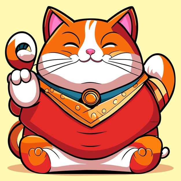 Fat japanese cat maneki neko hand drawn cartoon sticker icon concept isolated illustration