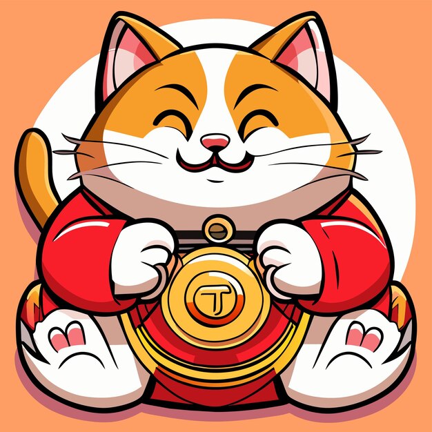 Fat japanese cat maneki neko hand drawn cartoon sticker icon concept isolated illustration