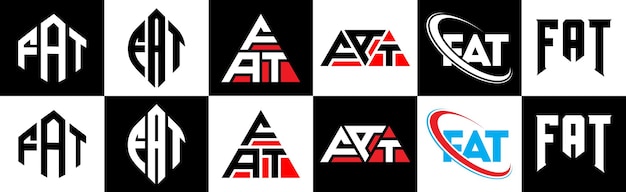 Design del logo della lettera fat in sei stili poligono fat cerchio triangolo esagonale stile piatto e semplice con logo della lettera con variazione di colore in bianco e nero impostato su una tavola da disegno logo fat minimalista e classico