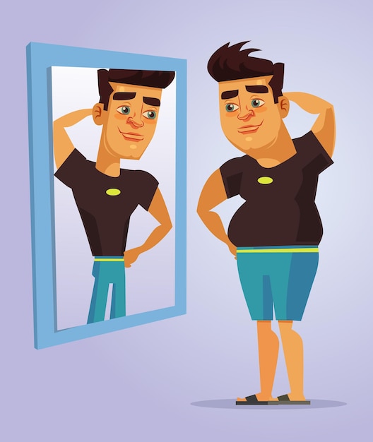 Vector fat man character pretend to be strong man in mirror