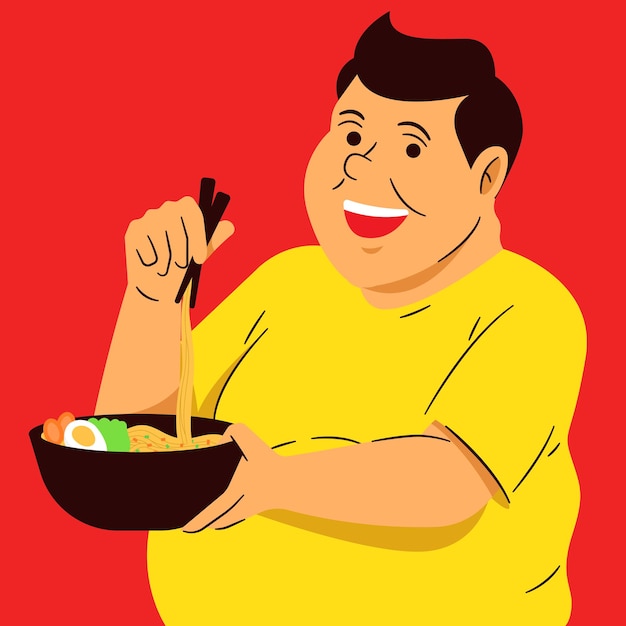 太った男が麺を食べるコンセプトイラスト