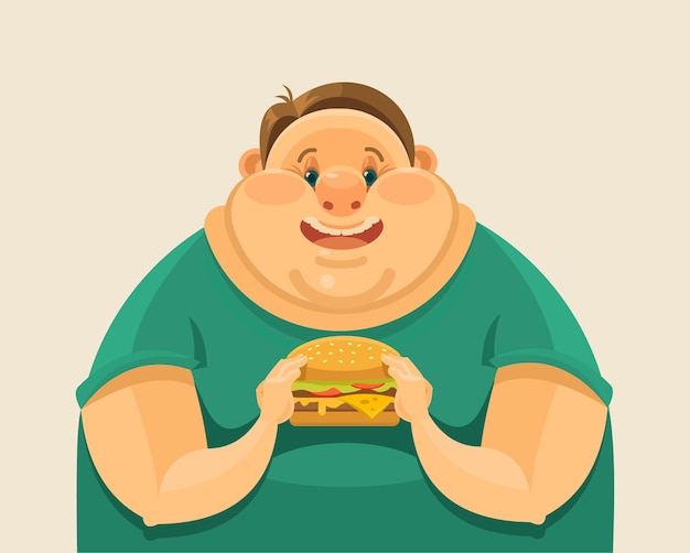 Vector fat man eating a big hamburger. vector flat illustration