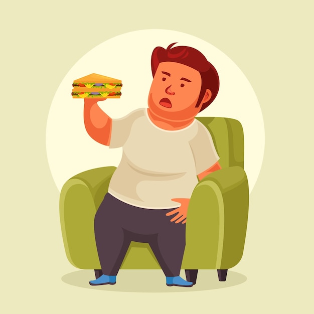 Vector a fat man eating a sandwich in an armchair