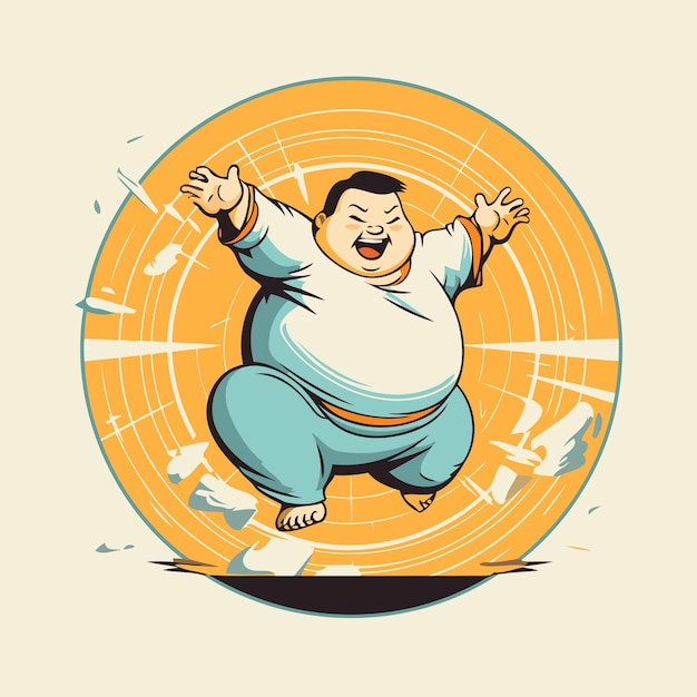 Fat man jumping in the air Vector illustration in retro style