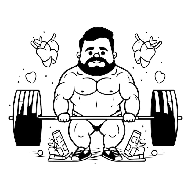 Fat man lifting barbell in the gym Black and white vector illustration