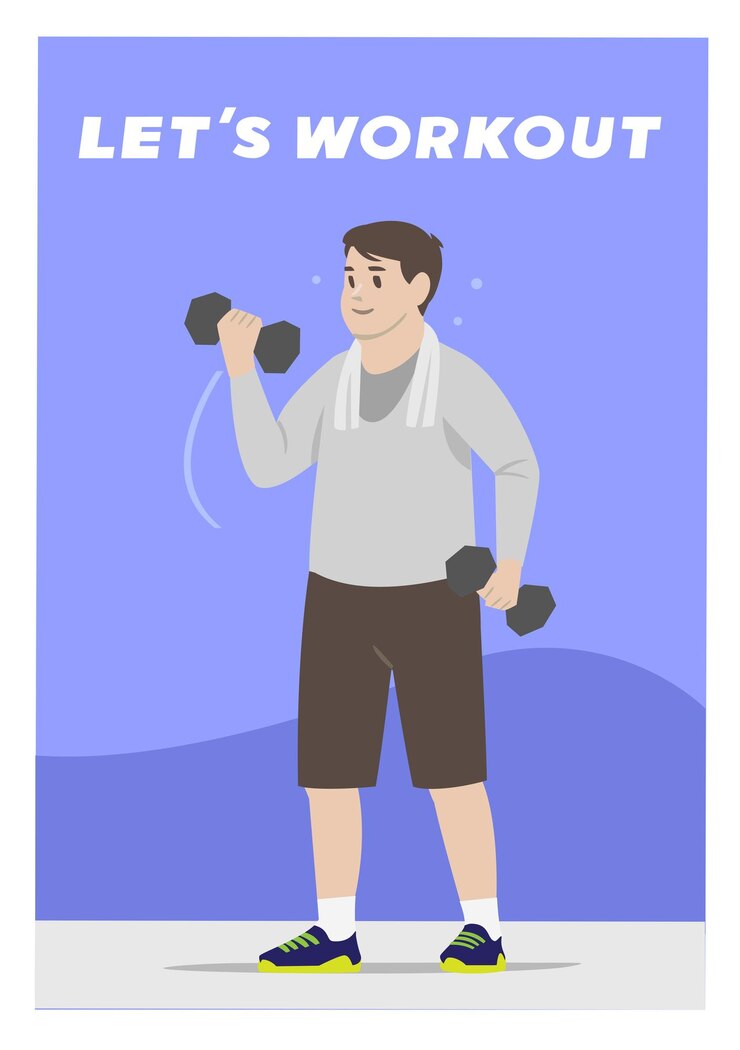 Вектор толстый мужчина поднимает гантели с текстом lets workout