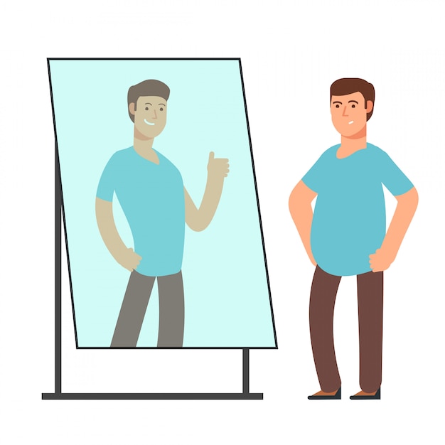 Fat man looking on strong and thin person reflection in mirror. fitness goals vector concept