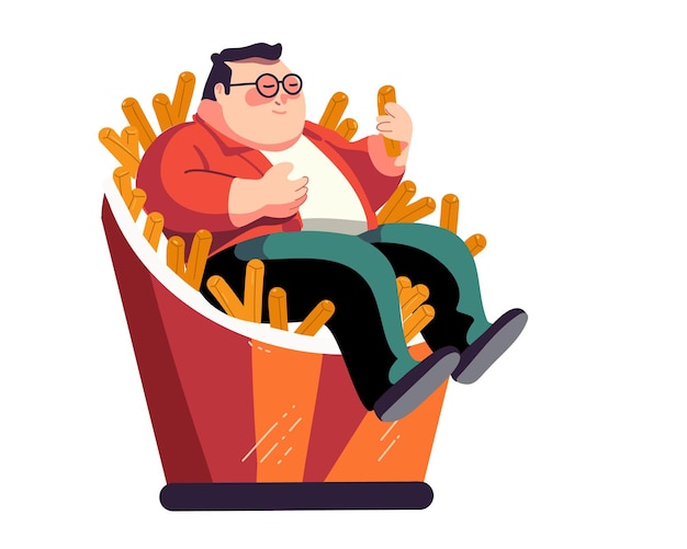 Fat man sitting in a box with french fries color vector illustration