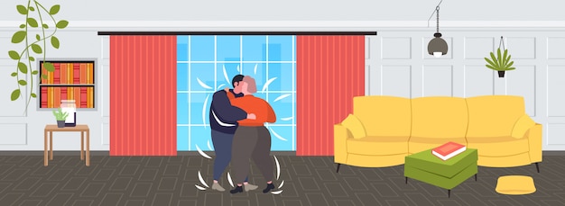 fat obese couple dancing together overweight man woman embracing weight loss obesity concept modern living room interior