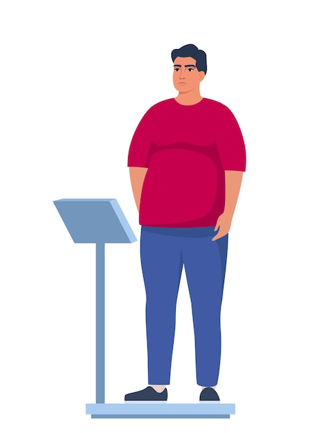 Vector fat obese man standing on weigh scales oversize fatty boy obesity weight control concept