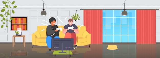 Vector fat obese men sitting on couch using joystick game pad overweight mix race couple plying video games on tv obesity unhealthy lifestyle concept modern living room interior full length horizontal