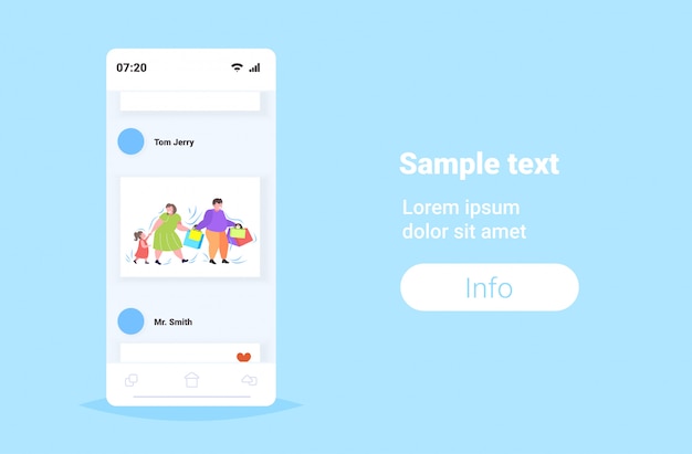 ショッピングバッグを持っている子供を持つ脂肪の肥満の親家族が楽しんでいる休日大きな販売肥満の概念スマートフォンの画面オンラインモバイルアプリケーションコピースペース