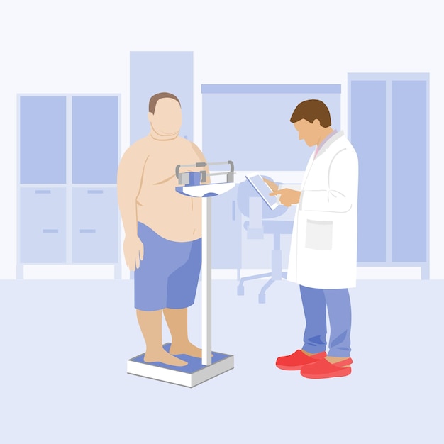 Vector fat obese patient and doctor examination medical consultation in the clinic weighing overweight