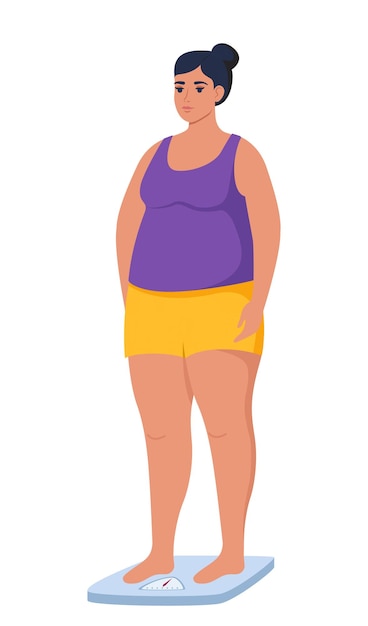 Vector fat obese woman standing on weigh scales oversize fatty girl obesity weight control concept