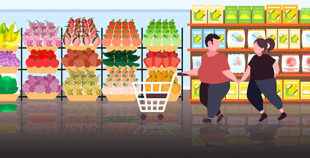 Coppia grassa sovrappeso spingendo carrello carrello uomo obeso donna acquistare frutta e verdura nel negozio di alimentari nutrizione sana perdita di peso concetto moderno supermercato interno