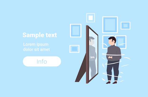 鏡で反射を見て太りすぎの太りすぎの人悲しい肥満男不健康なライフスタイル肥満の概念水平コピースペースフルレングス
