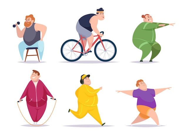 Vector fat people funny active characters making sport exercises workout outdoor activity exact vector cartoon fitness persons illustration of sport fat and do fitness