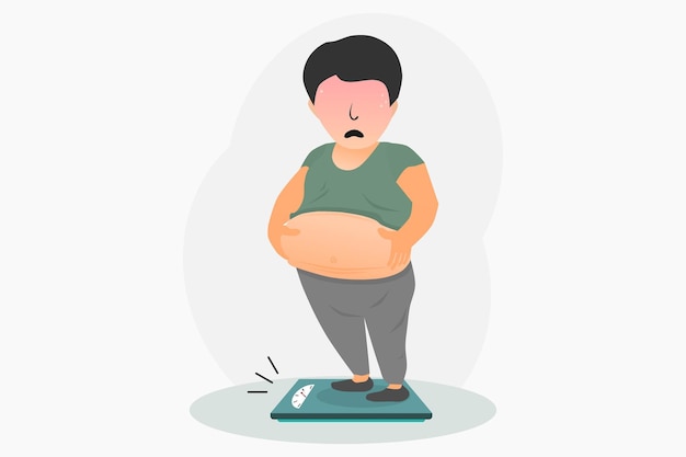 A fat potbellied man standing on the scales Overweight man Vector illustration