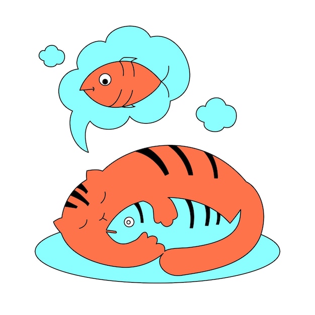 A fat redhaired cat sleeps and dreams of a fish