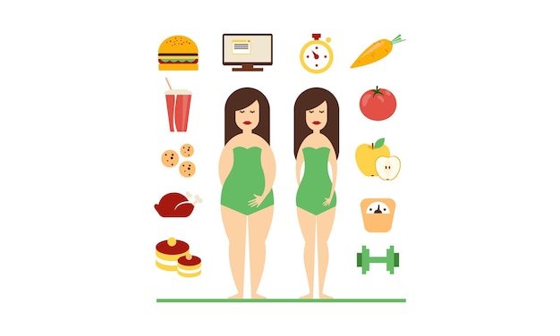 Fat and slim female figures fast food and healthy eating bad habits and healthy lifestyle vector