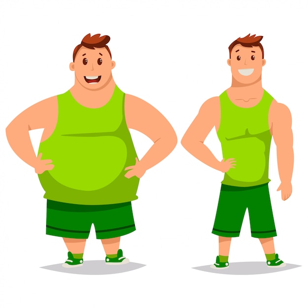 Fat and slim man cartoon characters isolated  