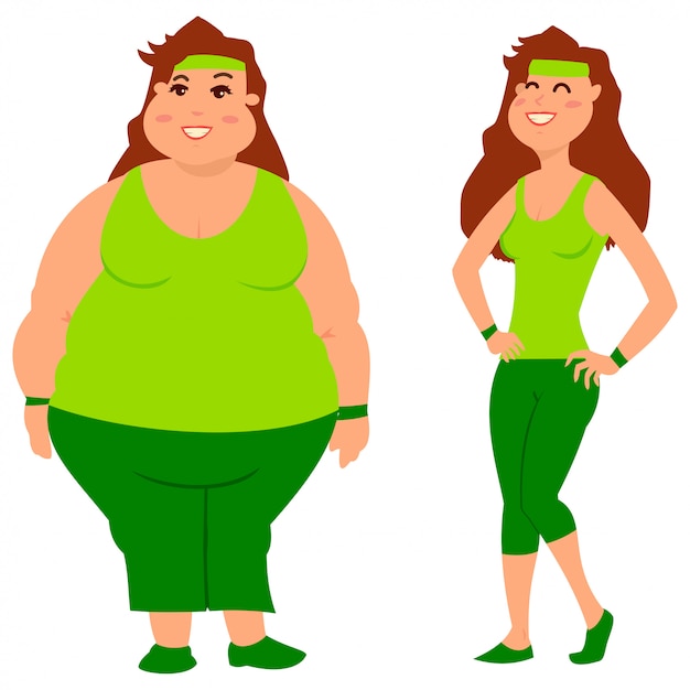 Vector fat and slim woman before and after weight loss