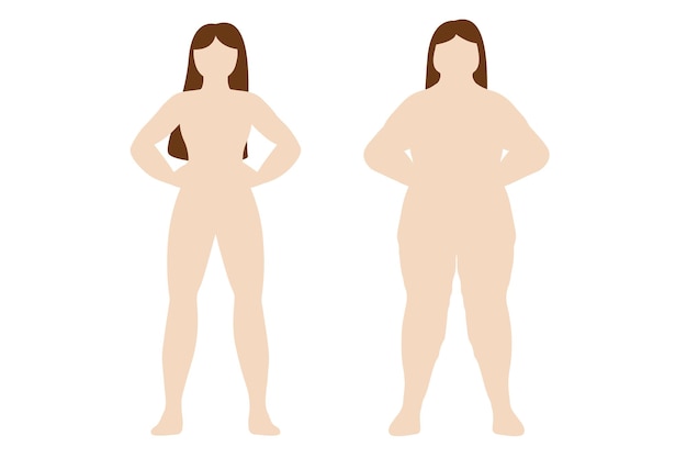 Силуэт толстой и стройной женщины Потеря веса до и после векторной иллюстрации индекса массы тела