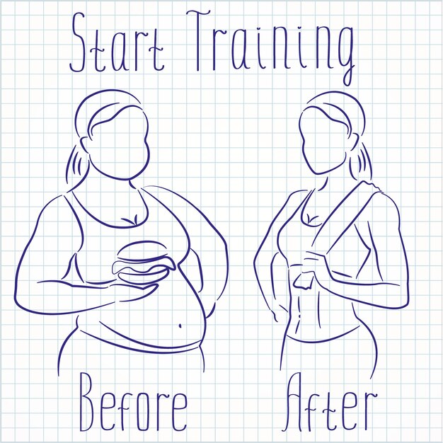 Fat and slim woman silhouettes before and after weight loss start training drawn on notebook sheet