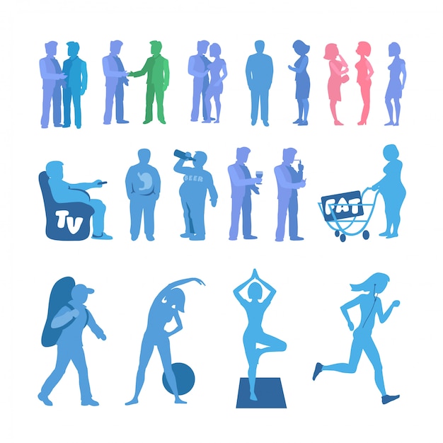 Fat and sport silhouette. active and physical inactivity silhouette set. good and bad habits. layered vector illustration.