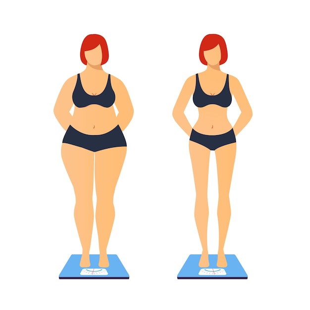 Vector a fat and thin woman is standing on the scales isolated on a white background.