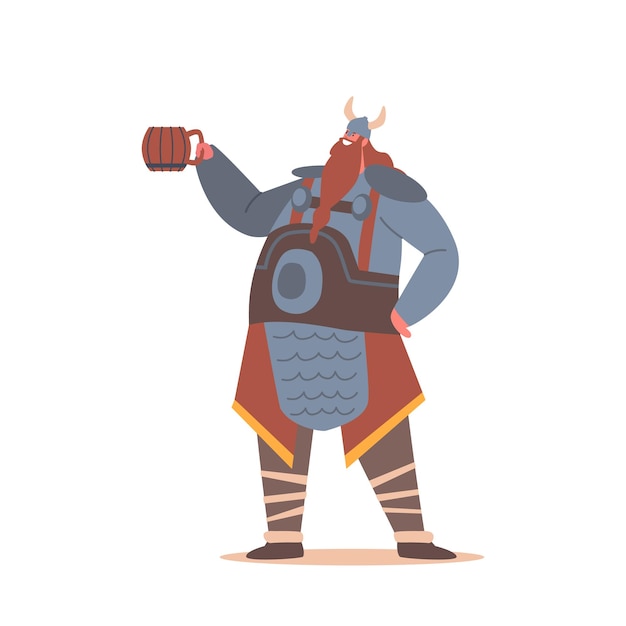 Fat viking, scandinavian warrior male character with long tressed beard wear horned helmet holding mug with ale isolated on white background. personage of nordic legends. cartoon vector illustration