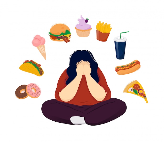 Vector fat woman in depression surrounded by fast food